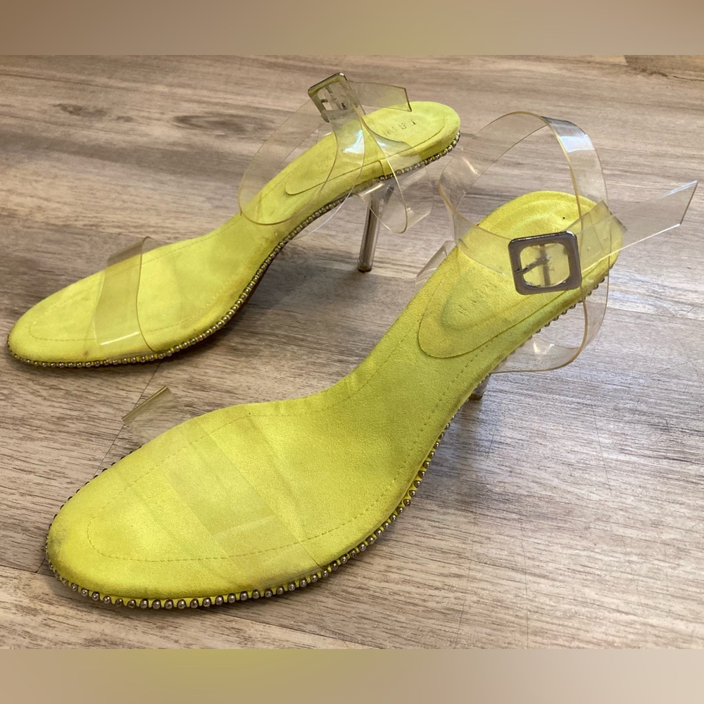 Fashion Nova Neon Yellow Green Heels Silver Studs Clear Adjustable Straps 8.5 - Picture 8 of 16